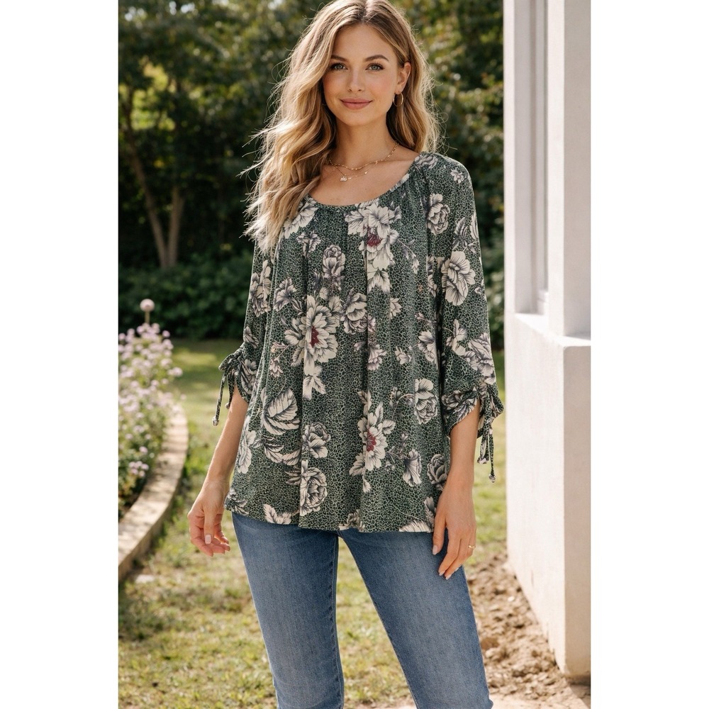 Sara Michelle Women's Top Size 2x Floral Boho Green Gold Glitter Lightweight